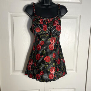 Vintage Y2K BCX Shirt Women Large Black Red Floral Babydoll Padded Tank Top Tie‎